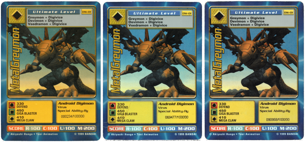 3 copies of the North American MetalGreymon showing different serial numbers