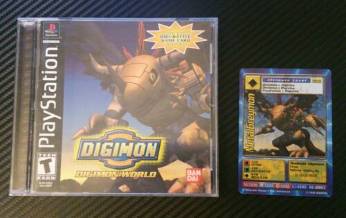 A low resolution picture of a MetalGreymon promo card next to it's Digimon World game case